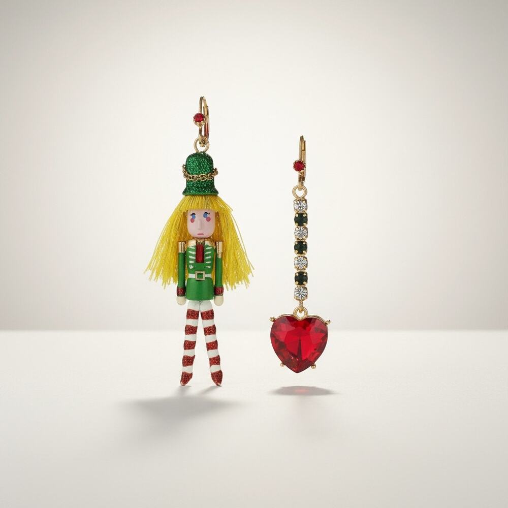 Betsey Johnson Nutcracker Mismatched Drop  Earrings Heart